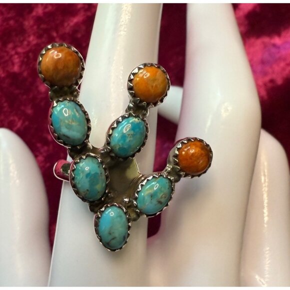 Sterling Silver Turquoise & Coral Cacti Ring Size 7.75 - Picture 1 of 7